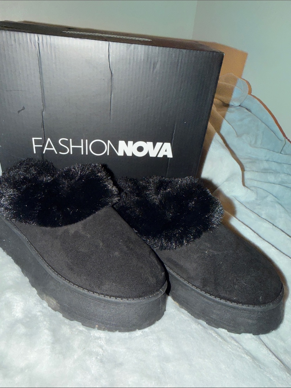 Fashion Nova Black Faux Fur Platform Slippers